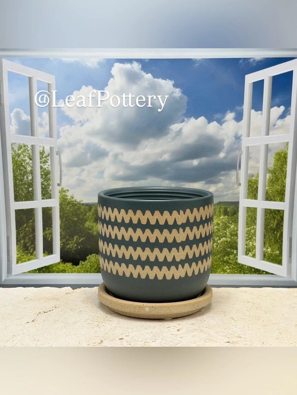 Dark Green Ceramic Planter with Attached Saucer & Drainage Hole